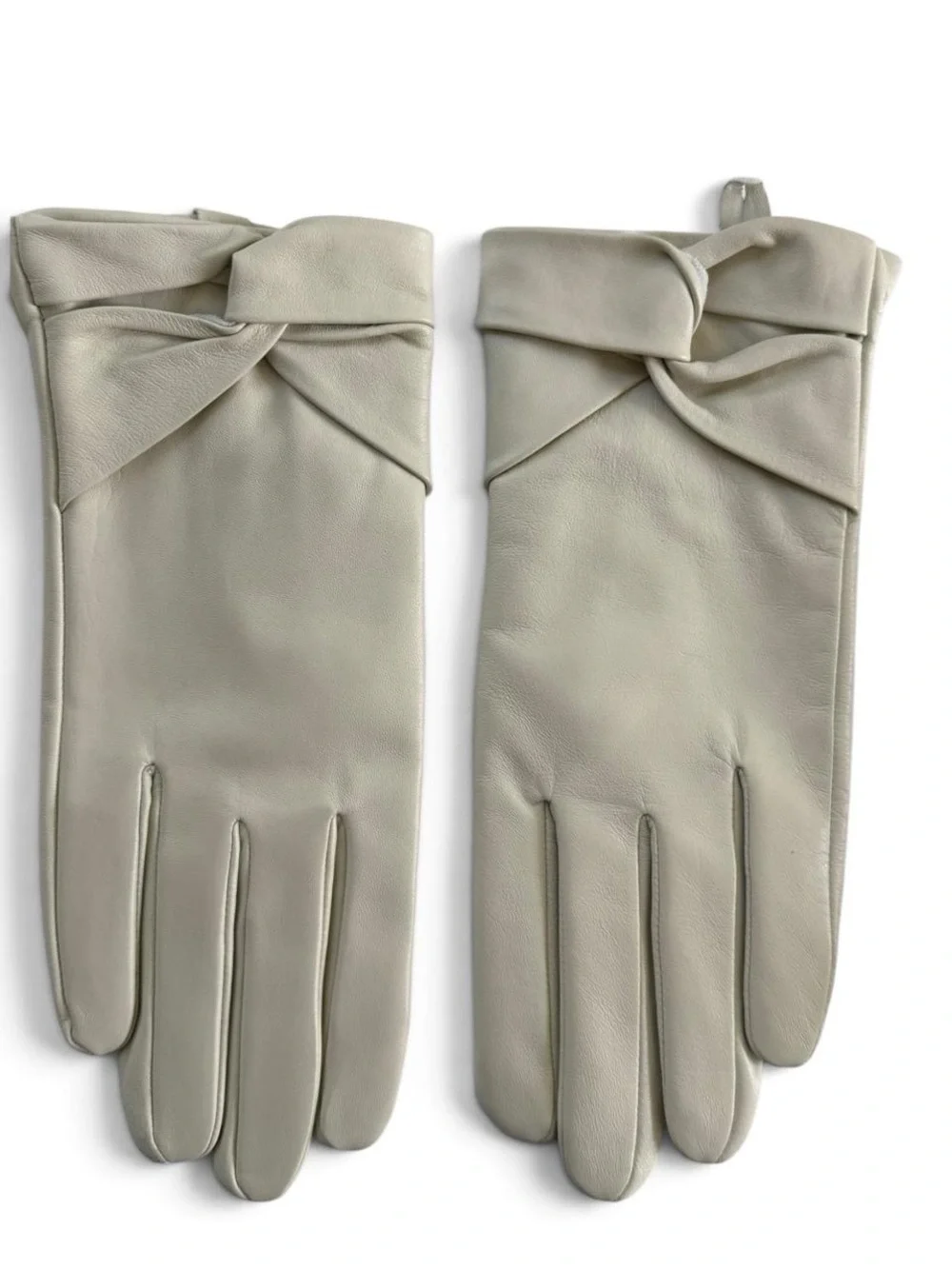 Sasso + Smyth Women Tech Touch Leather Gloves Ivory Bow Detail Size L NWT